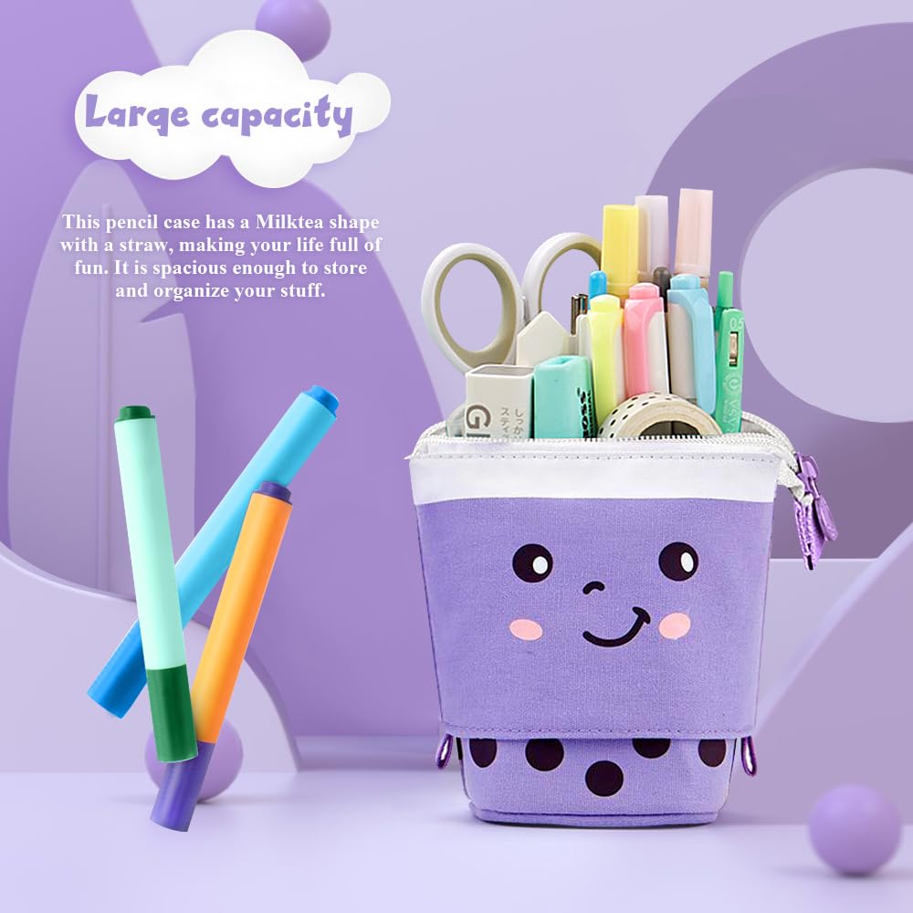 Milktea Cute Standing Pencil Case for Kids, Pop Up Pencil Box Makeup Pouch, Stand UP Christmas Gift Kids Pen Holder Organizer Cosmetics Bag, Kawaii Stationary (Purple)