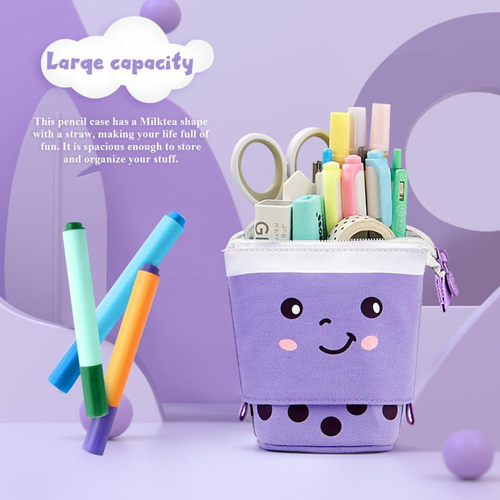 Milktea Cute Standing Pencil Case for Kids, Pop Up Pencil Box Makeup Pouch, Stand UP Christmas Gift Kids Pen Holder Organizer Cosmetics Bag, Kawaii Stationary (Purple)