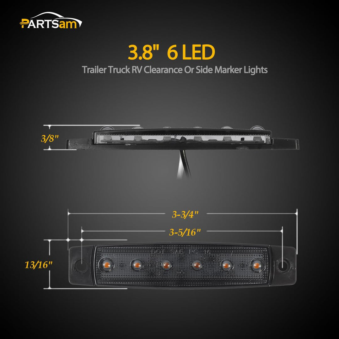 5Pcs 3.8 Thin Amber 6 LED Side Marker Clearance Lights Indicators for 12V Trucks Trailers Lorry Van Bus Pickup, Smoked Lens, Sealed Waterproof
