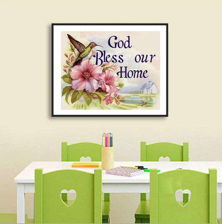 Round Full Drill Diamond Painting Set, 5D God Bless Our Home Paint with Diamonds God Bless Home Diamond Art Painting by Numbers Adult Beginner Diamond Painting Room Decor (16X12 inches)