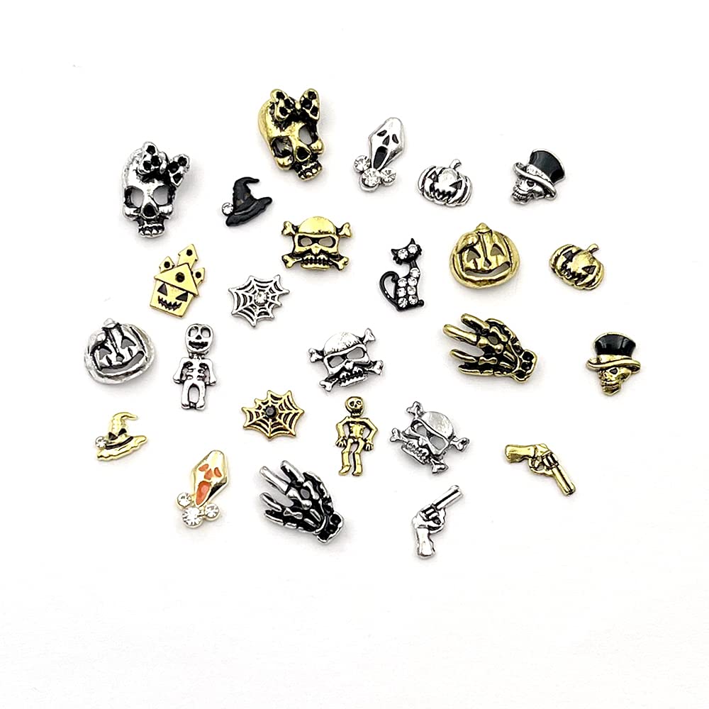 3D Nails Art Halloween Charm Decals Decoration 30Pcs Halloween Theme Element Metal Nail Studs Skull Hand Bone Cat Pumpkin Cobweb Gun Witch Hat etc.Design for DIY Nail Manicure Tips