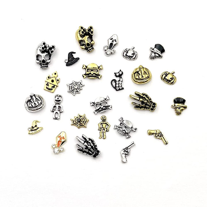 3D Nails Art Halloween Charm Decals Decoration 30Pcs Halloween Theme Element Metal Nail Studs Skull Hand Bone Cat Pumpkin Cobweb Gun Witch Hat etc.Design for DIY Nail Manicure Tips