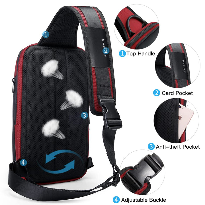 BANGE Waterproof Men's Chest Bag Shoulder bags Crossbody Sling Backpack (7566Red)