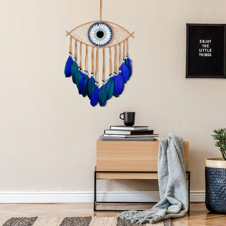 Evil Eye Dream Catchers - Handmade Blue Dreamcatcher for Wall Art Apartment Decor, Good Luck Charm for Home Offices Living Spaces (Blue)