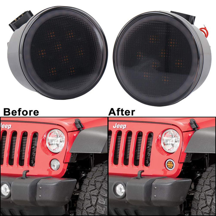 JK Turn Signal Lights White Halo Amber LED Smoke Lens Front Grille Parking Lights for 2007-2018 Jeep Wrangler JK &amp; JK Unlimited
