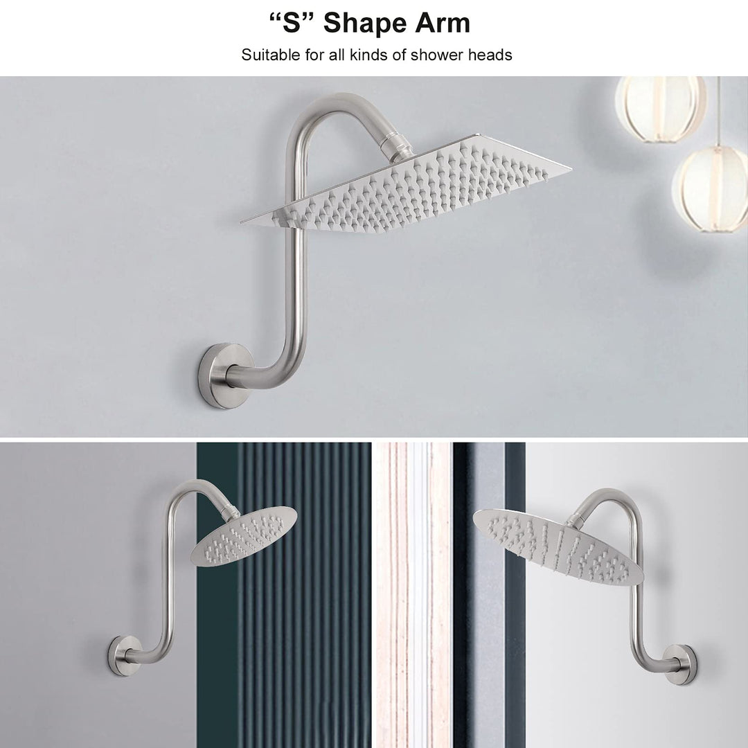 Nearmoon S Shaped Shower Head Riser Pipe, Shower Head Extender Arm with Flange, Standard 1/2 Connection- Bathroom Accessory, 12 Inch (1 Pack, Brushed Nickel)