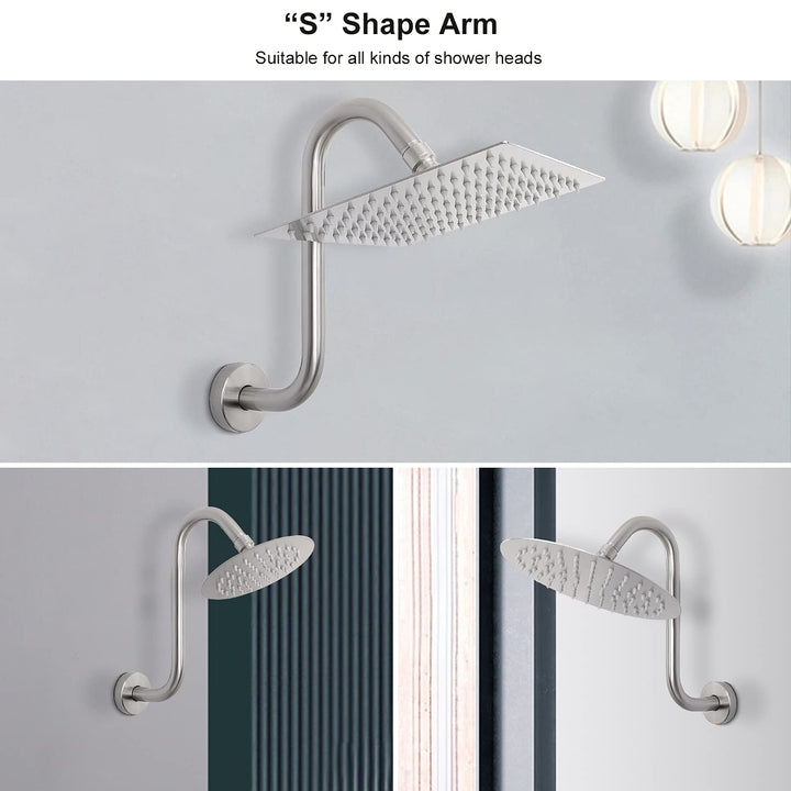 Nearmoon S Shaped Shower Head Riser Pipe, Shower Head Extender Arm with Flange, Standard 1/2 Connection- Bathroom Accessory, 12 Inch (1 Pack, Brushed Nickel)