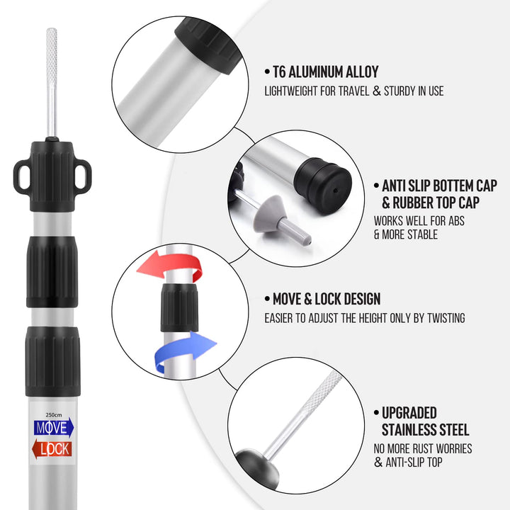 Aluminum Tarp Poles for Tent, Adjustable Lightweight Camping Telescoping Poles for Car Canopy, Shelter, Tarp 2 Pack 7.5ft