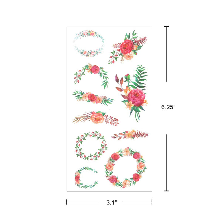 Washi Stickers Sets for Scrapbooking, DIY Crafts for Stationery, Diary, Card Making, (18 Sheets) Flowers and Wreaths