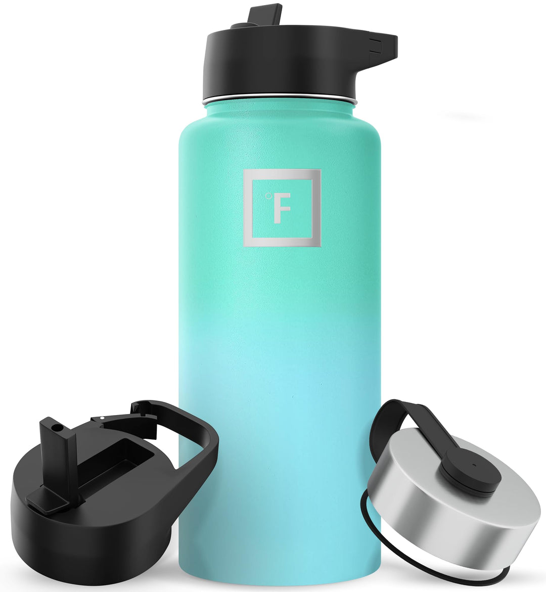 Camping &amp; Hiking Hydration Flask, Wide Mouth, 3 Straw Lids, Stainless Steel Outdoor Water Bottle, Double Walled, Insulated Thermos, Metal Canteen - Sky, 32 Oz