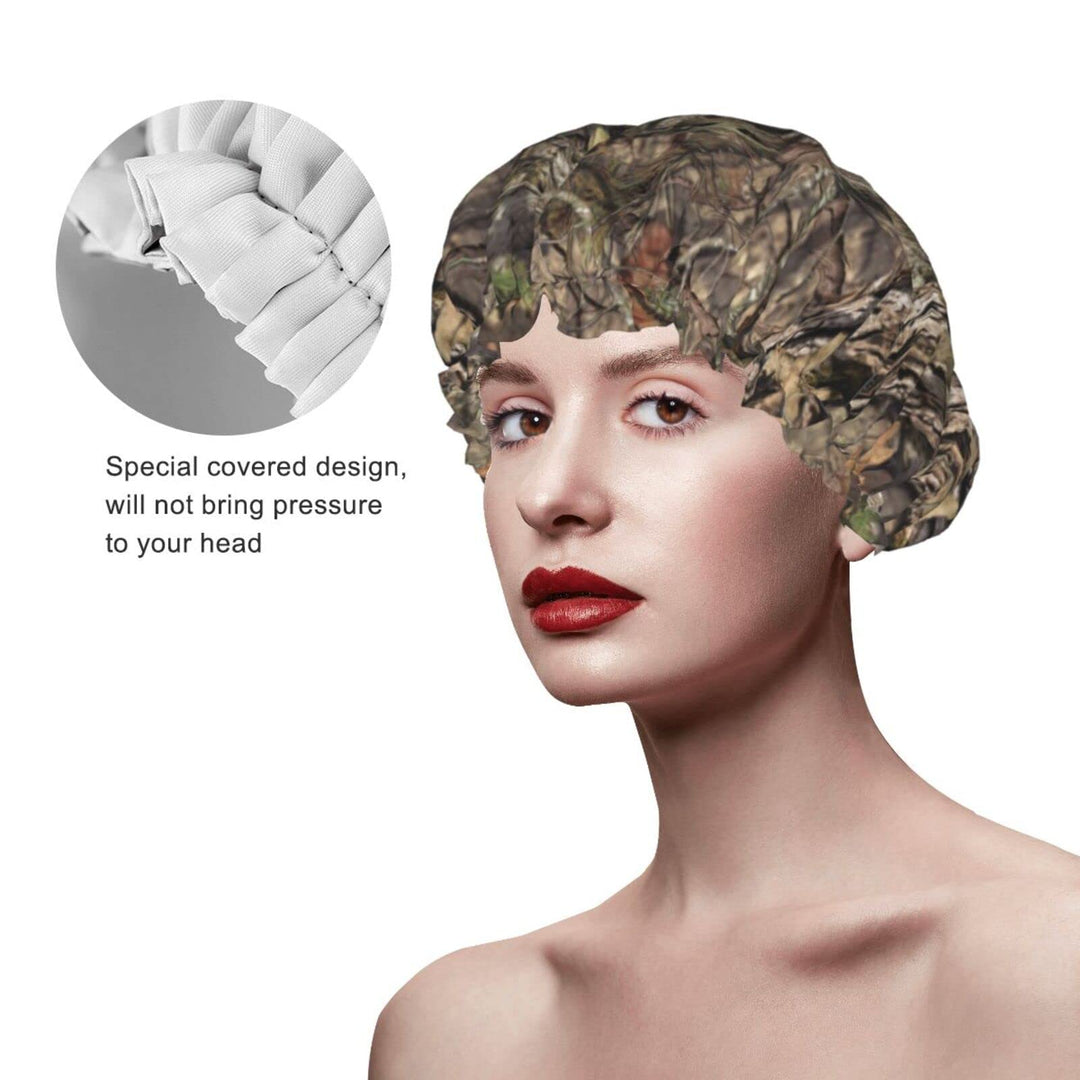 camo forest hunting camouflage Shower cap for women reusable double layers waterproof shower Hair Protector PEVA lined shower hat for all long hair lengths, stretchy adjustable shower caps