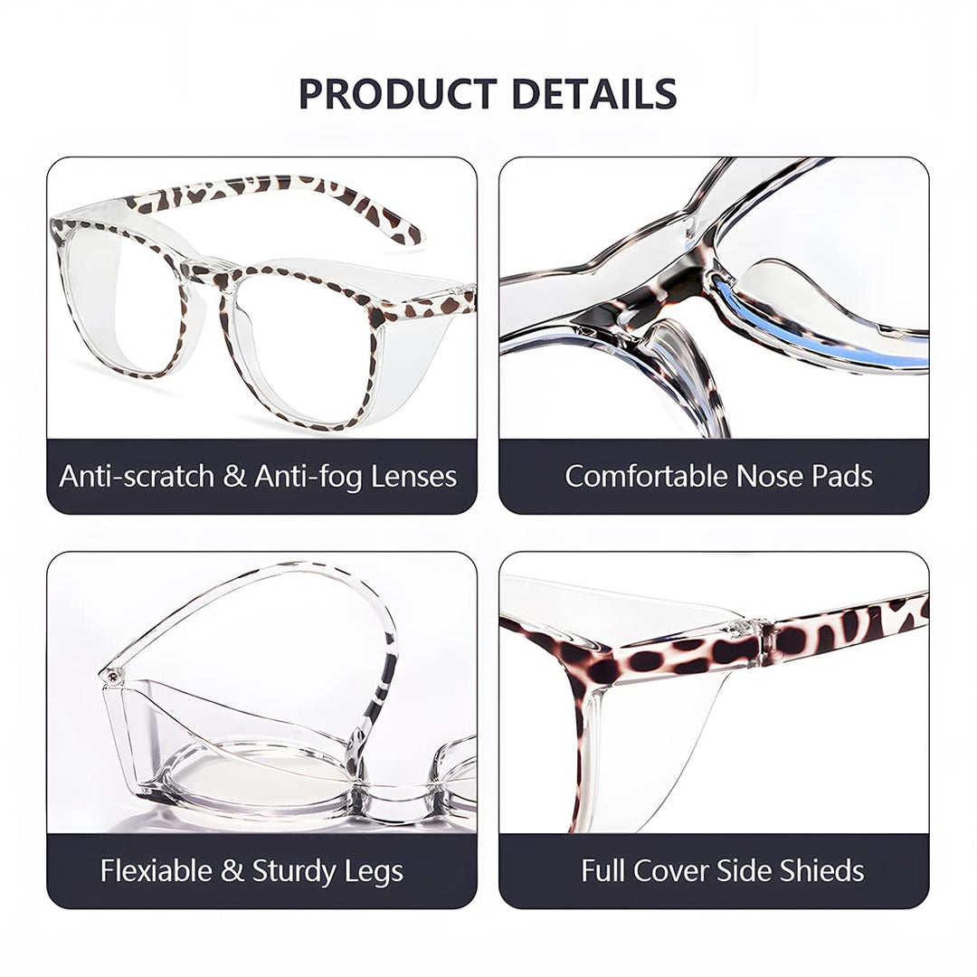 Safety Glasses for Women Anti Fog, Stylish Safety Goggles Nurse Protective Eyewear Anti-Dust Blue Light Filter (Square-Coffee Leopard)
