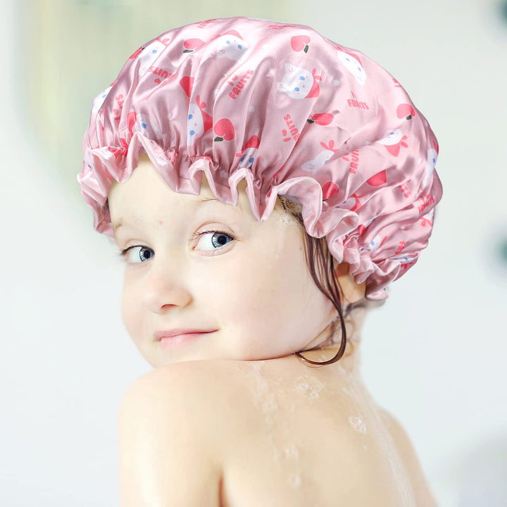 2PCS Cute Kids Shower Cap, Funny Cartoon Bath Hat, Boys or Girls Waterproof Shower Bath Caps (Pink + Purple)