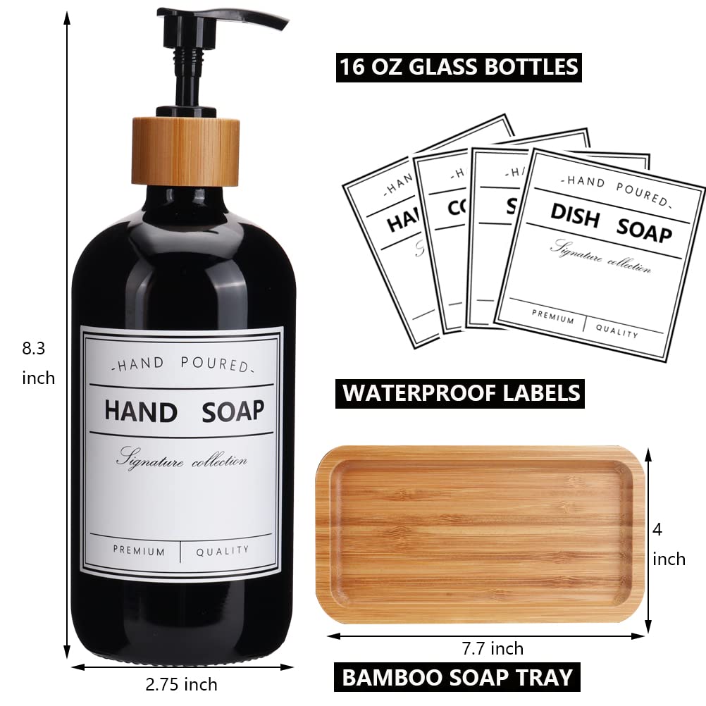 Black Glass Soap Dispenser with Pump 16oz Bottle Set of 2 and Bamboo Tray | Vintage Soap Dispenser with Waterproof Labels Bathroom and Kitchen Set