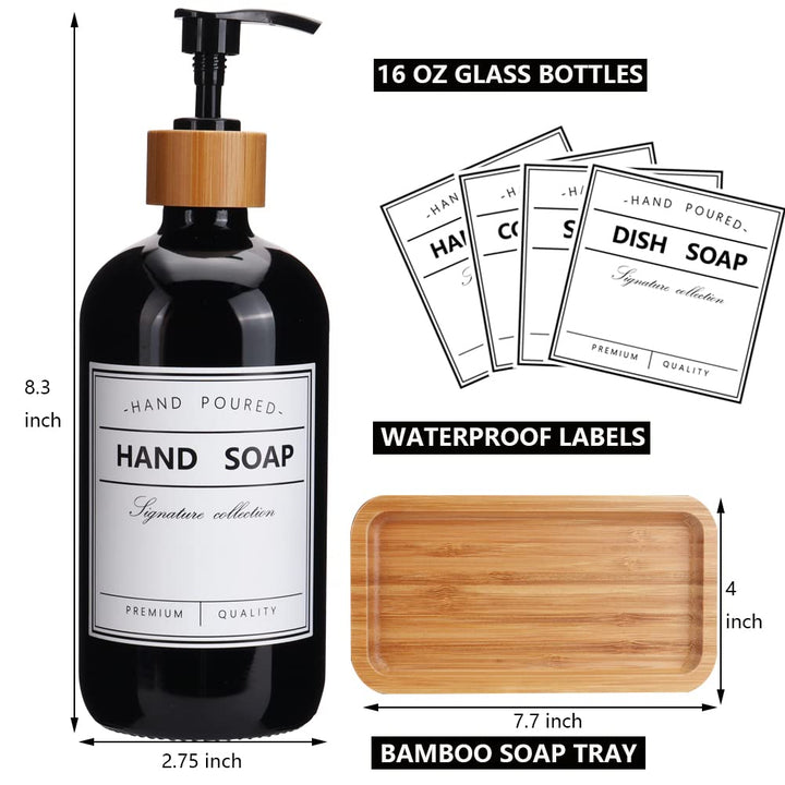 Black Glass Soap Dispenser with Pump 16oz Bottle Set of 2 and Bamboo Tray | Vintage Soap Dispenser with Waterproof Labels Bathroom and Kitchen Set