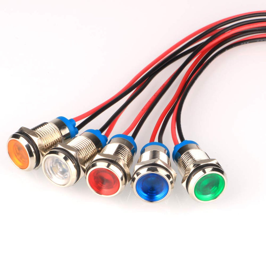 5pcs 10mm AC/DC 12-24V LED Metal Indicator Light Waterproof Signal Lamp Pilot Dash Directional Car Truck Boat with Wire