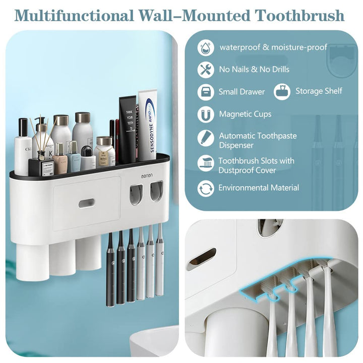 2 Automatic Toothpaste Dispensers, Toothbrush Holder with Squeezer Kit Wall-Mounted, Multifunctional Bathroom Organizer, 2 Magnetic Cups(2 Cups)