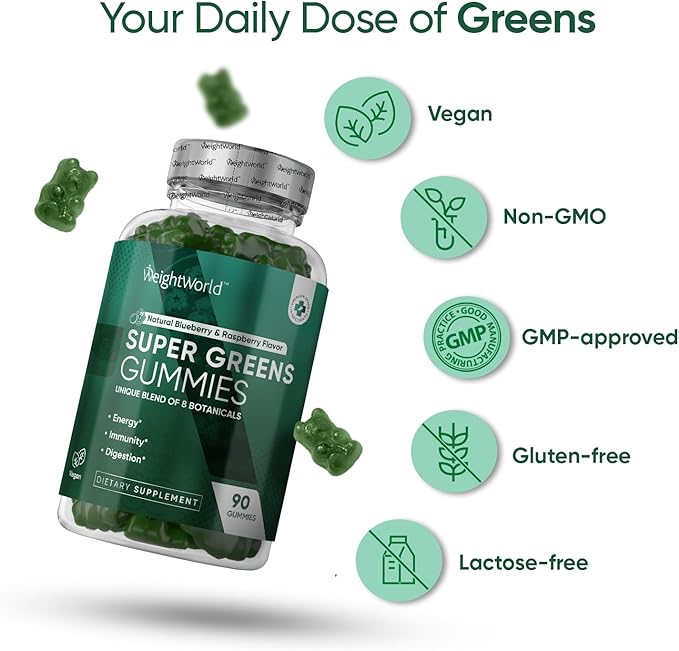 WeightWorld Super Green Gummies - 90 Vegan Gummies (45 Days Supply) - Daily Green Supplements for Energy, Immunity & Digestion - Natural Blueberry & Raspberry Flavor - Non-GMO & Gelatin-Free