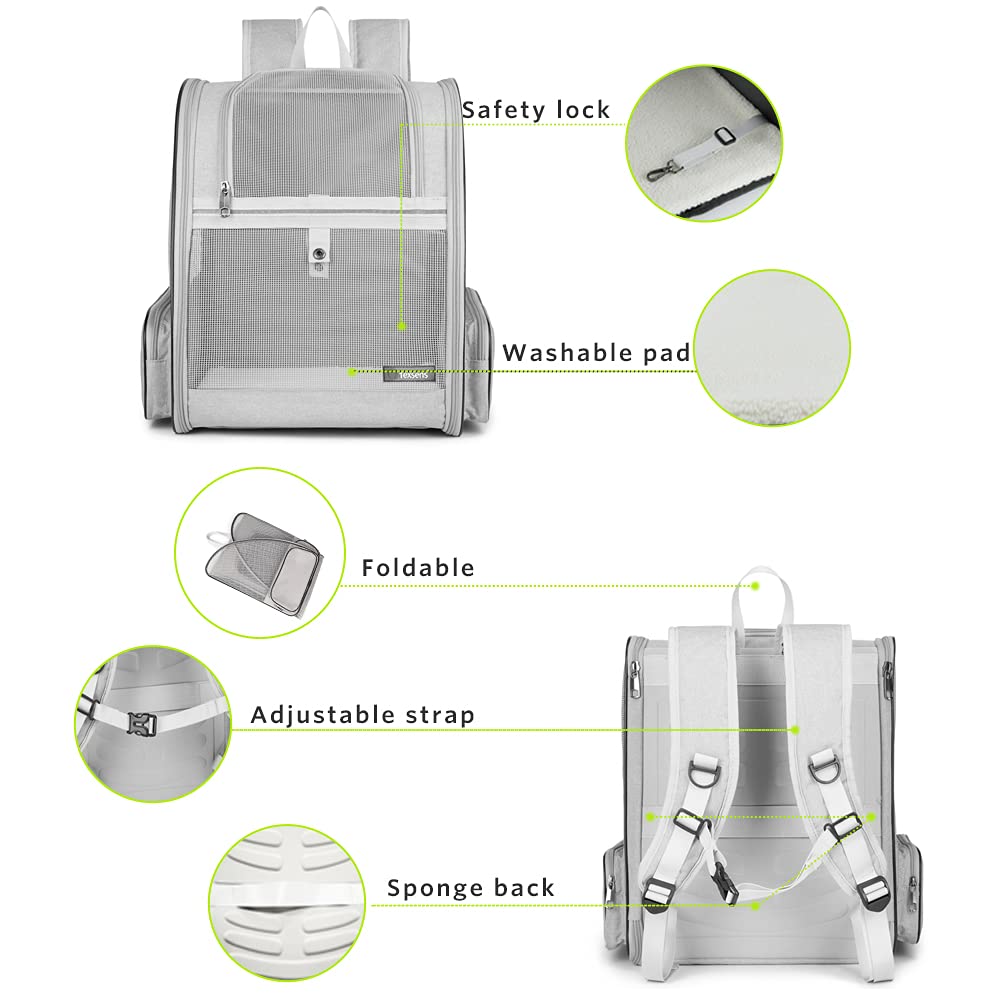 Pet Backpack Carrier for Small Cats Dogs | Ventilated Design, Safety Straps, Buckle Support, Collapsible | Designed for Travel, Hiking &amp; Outdoor Use (Light Gray)
