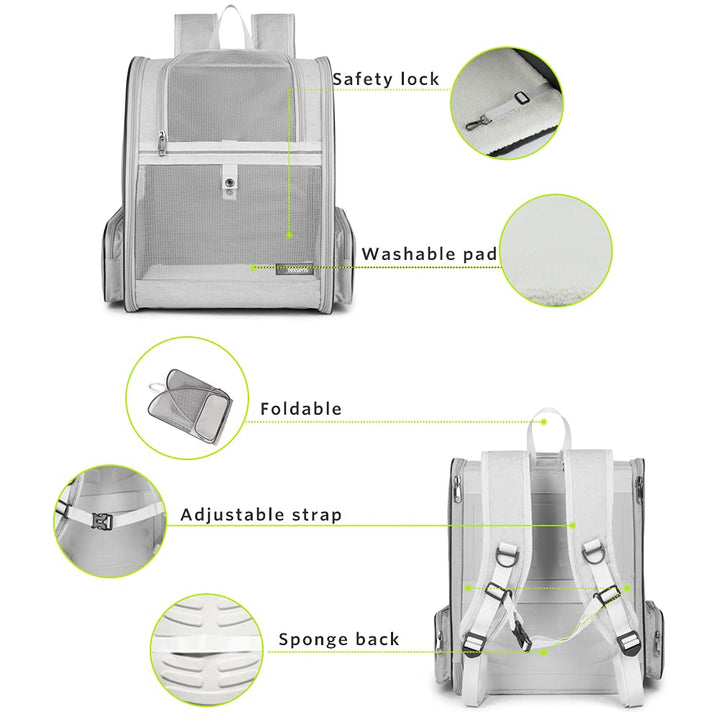 Pet Backpack Carrier for Small Cats Dogs | Ventilated Design, Safety Straps, Buckle Support, Collapsible | Designed for Travel, Hiking &amp; Outdoor Use (Light Gray)