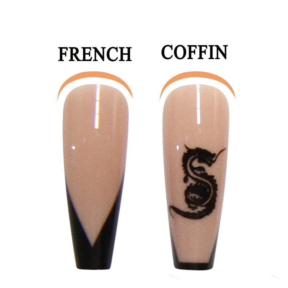 Coffin Press on Nails Long French Nails Glossy Ballerina Black Fake Nails False Nails with Designs Dragon Pattern Acrylic Nails for Women and Girls