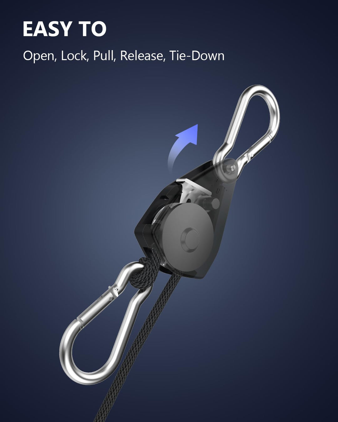 Retractable Heavy Duty Ratchet Tie Down Straps [2 Pack, 8ft, 75lbs/Pack], Rope Pulley System with Carabiner Hook for Hanging Plants/Grow Light/Tents Various Tie-Down Uses