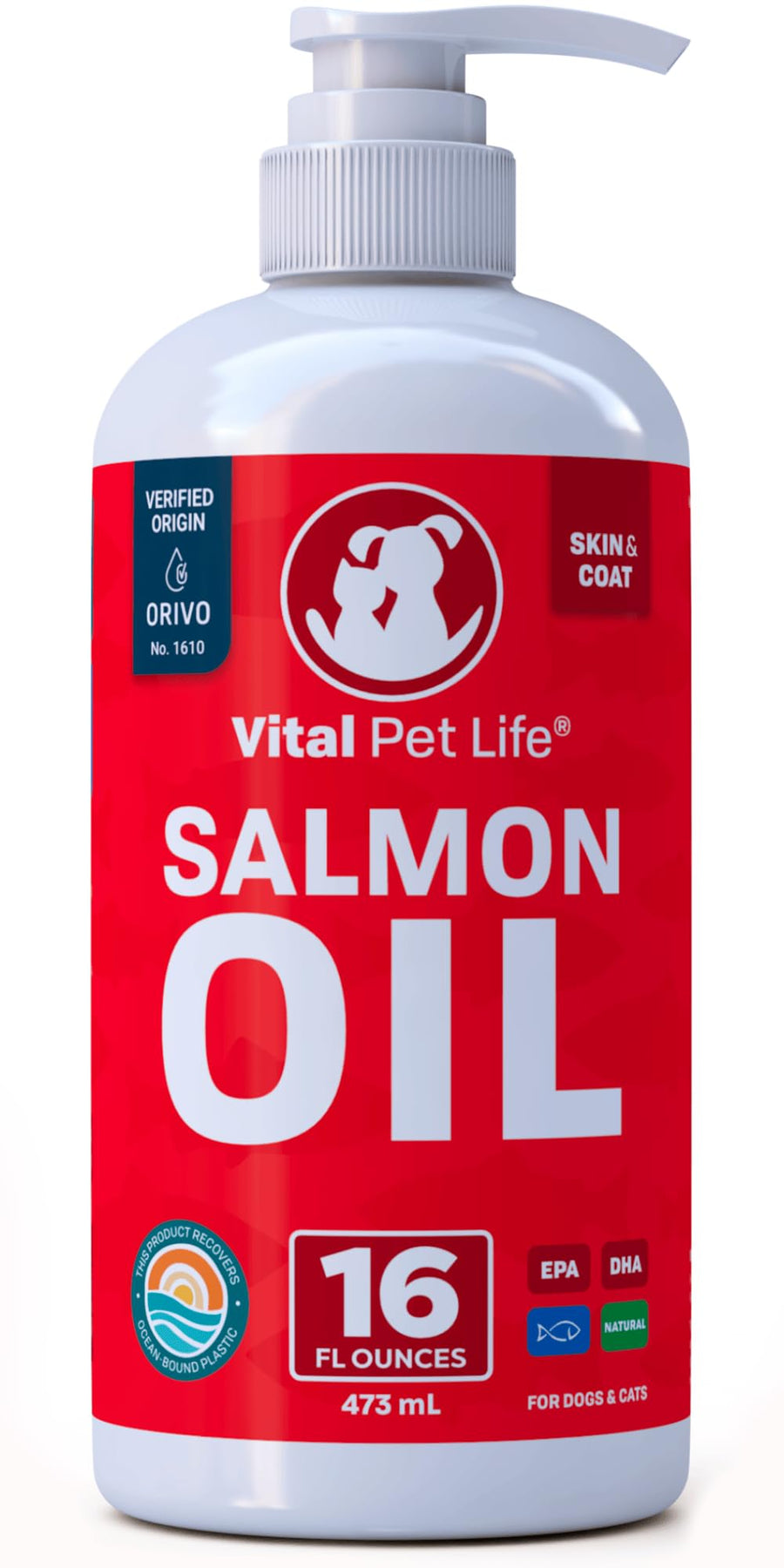 Salmon Oil for Dogs & Cats - Healthy Skin & Coat, Fish Oil, Omega 3 EPA DHA, Liquid Food Supplement for Pets, Supports Joint & Bone Health, Natural Allergy & Inflammation Defense, 16 oz