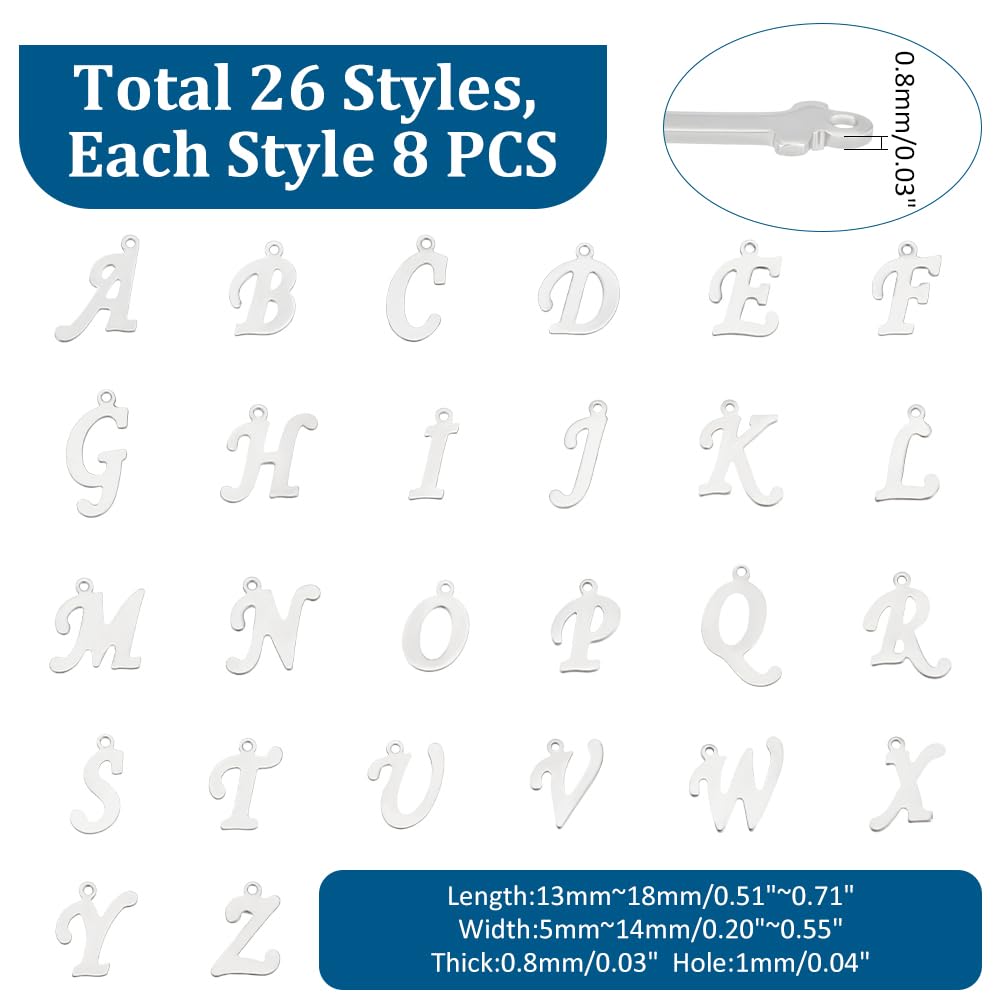 208pcs Alphabet Metal Charm Stainless Steel Charms Pendant Metal A-Z Letter Pendants 1mm Small Hole Charms for Necklaces Key Chain Jewelry Making(8 pcs for Each Letter)