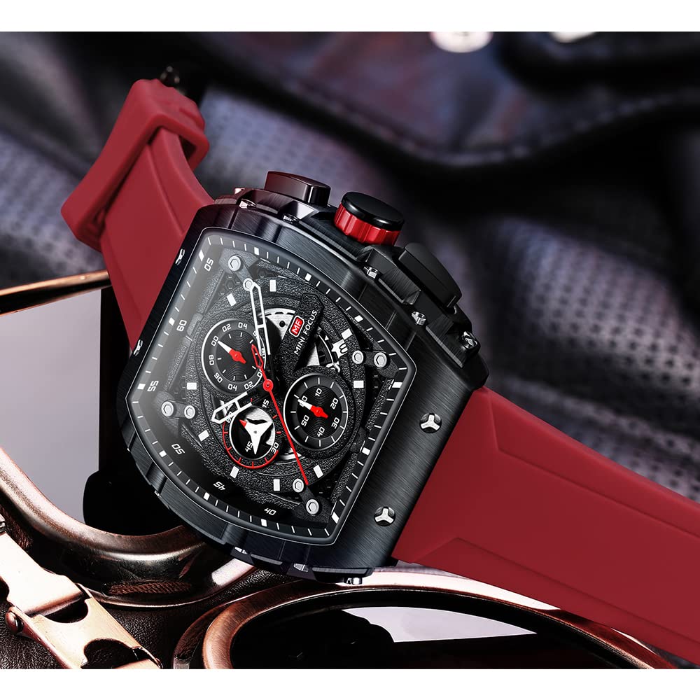 Mens Watches Luxury Tonneau Large Face Chronograph Watches for Men Quartz Analog Replica Luminous Dial with Red Silicone Strap Men&#39;s Wrist Watches Business Work Dress Diver Cool Wristwatch