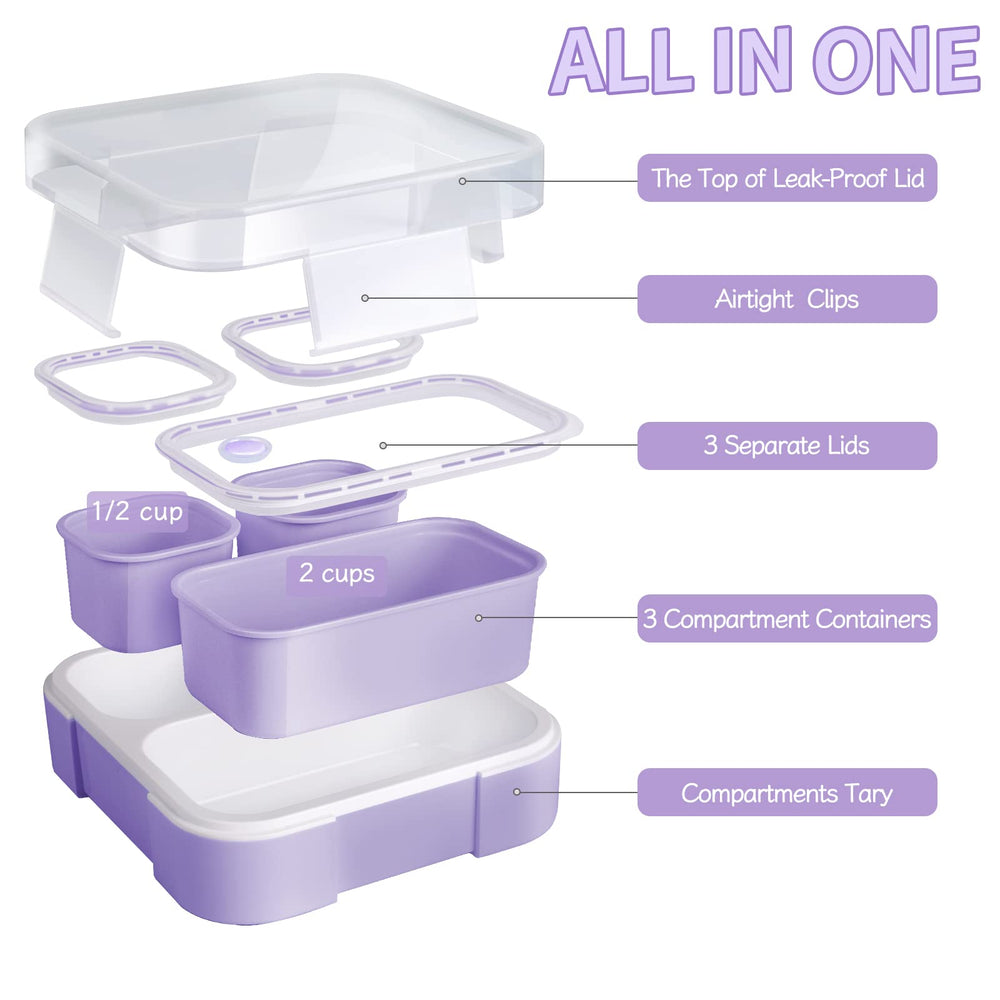 Bento Box for Kids, Kids Lunch Box with 3 Removable Compartments, Toddler Lunch Box for Daycare, School, Ideal Portion Size for Ages 3 to 7 BPA-Free Dishwasher Safe-Green - Purple