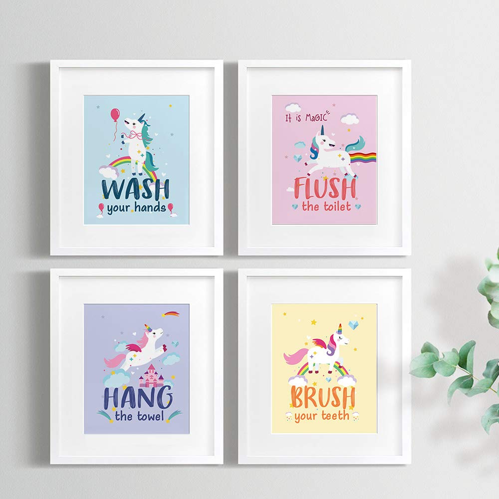 Unicorn Bathroom Watercolor Art Print Set of 4(8”X10”), Funny Colorful Unicorn Art Poster for Nursery, Daughter Girls Boys Kids Bathroom Home Wall Decor Unframed