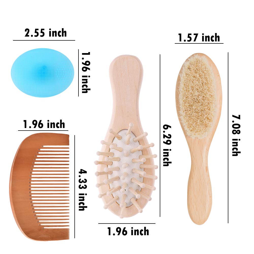 4 Piece Baby Hair Brush Set, Natural Soft Goat Bristles, Prevents & Treats Cradle Cap, Wooden Comb, Baby Brush for Massage, Perfect Baby Registry Gift