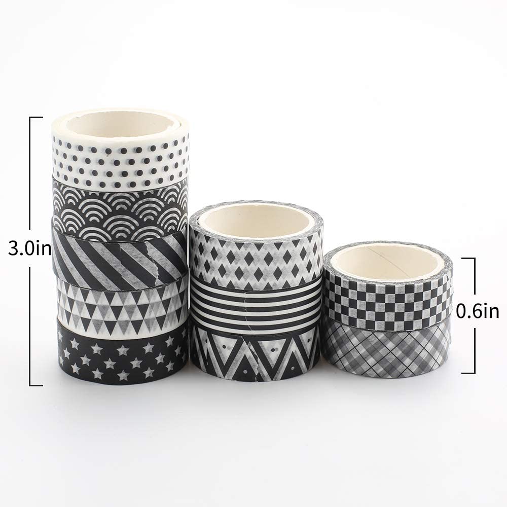 Black Washi Tape for Gift Wrapping and House Decoration (10 Set, Black and White)