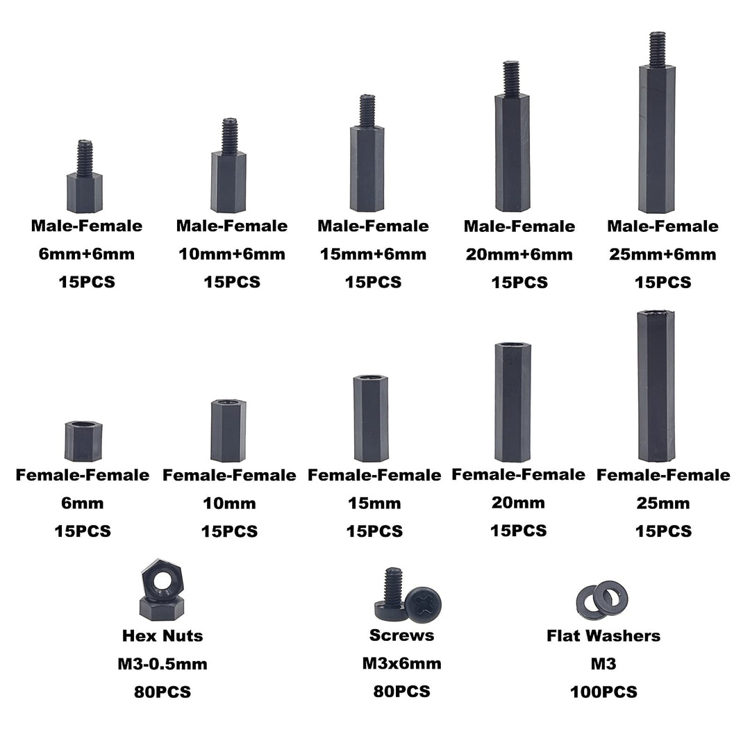 410PCS M3 Nylon Male-Female Hex Standoffs Spacers Screws Nuts Flat Washers Assortment Kit (Black)