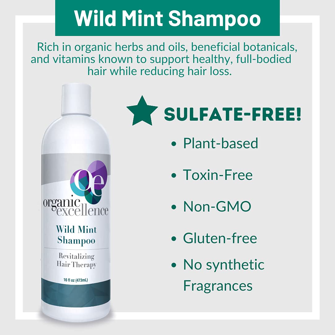 Natural Organic Shampoo, Wild Mint &amp; Rosemary, Chemical Free, Plant-Based, Toxin-Free, Cruelty-Free, Certified Herbs &amp; Oils For Healthy Full-Bodied Hair 16 fl. oz
