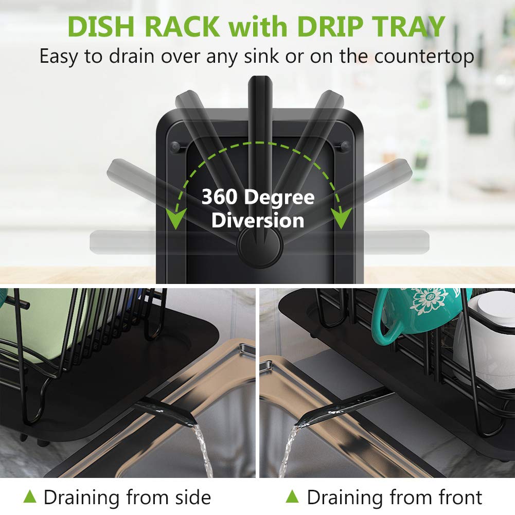Dish Drying Rack, Dish Drainer for Kitchen Rustproof Dish Rack and Drainboard Set with Removable Utensil Holder and Adjustable Swivel Spout, Countertop or in Sink Dry Rack (Black)