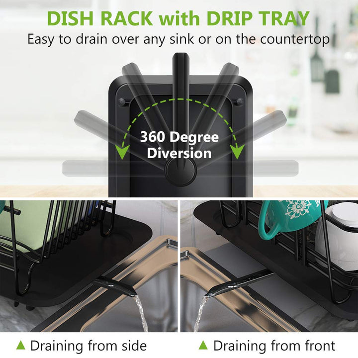 Dish Drying Rack, Dish Drainer for Kitchen Rustproof Dish Rack and Drainboard Set with Removable Utensil Holder and Adjustable Swivel Spout, Countertop or in Sink Dry Rack (Black)