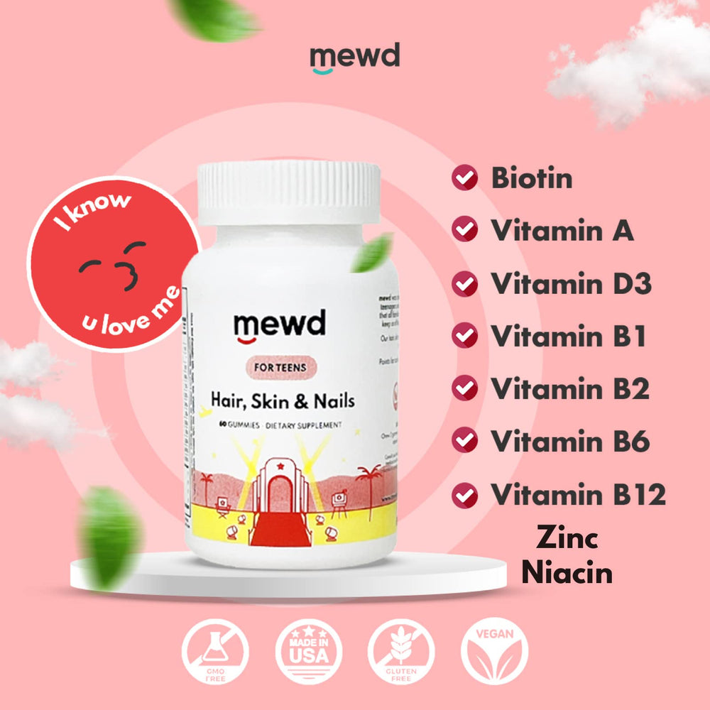 Teen and Kids Hair, Skin+Nails Daily Multivitamin Gummy Strengthener Formula - Chewable Vitamin Supplements with Biotin,Zinc,Vitamins A, B, & D3 for Girls & Boys, 60, Made in USA