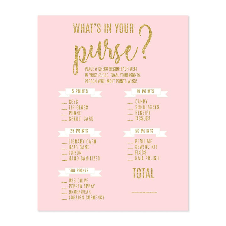 Andaz Press Blush Pink Gold Glitter Print Wedding Collection, What's in Your Purse Bridal Shower Game Cards, 20-Pack