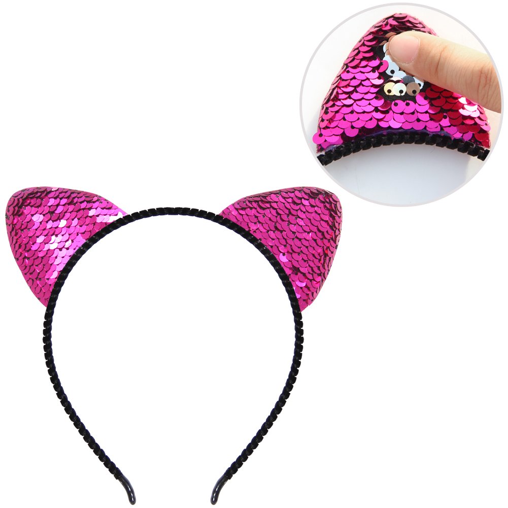Beinou Reversible Sequin Cat Ears Headband Shiny Cat Ear Hair Hoops Cute Bling Kitty Hairband Hair Accessories for Women Girls Daily Wearing and Party Decoration, 8 pcs
