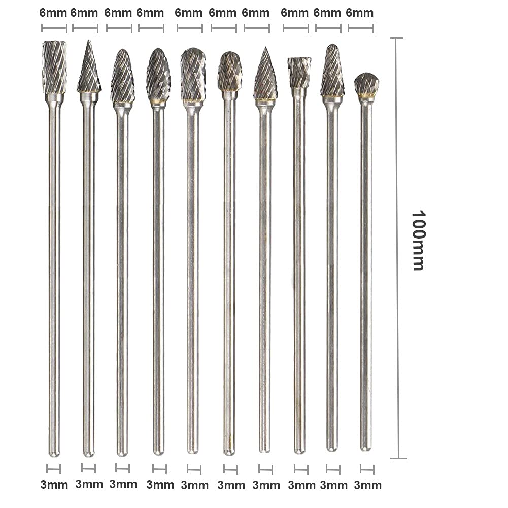 10pcs 1/8 Shank Long Double Cut Tungsten Carbide Burrs for Dremel, Rotary Burr Bits Rotary Files Burr Set for Die Grinder Rotary Tool, 4-Inch Length