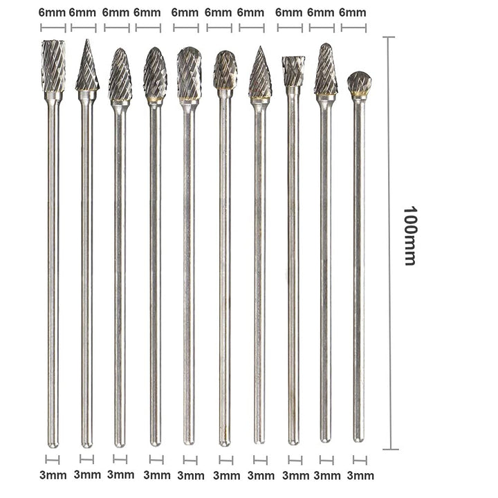 10pcs 1/8 Shank Long Double Cut Tungsten Carbide Burrs for Dremel, Rotary Burr Bits Rotary Files Burr Set for Die Grinder Rotary Tool, 4-Inch Length