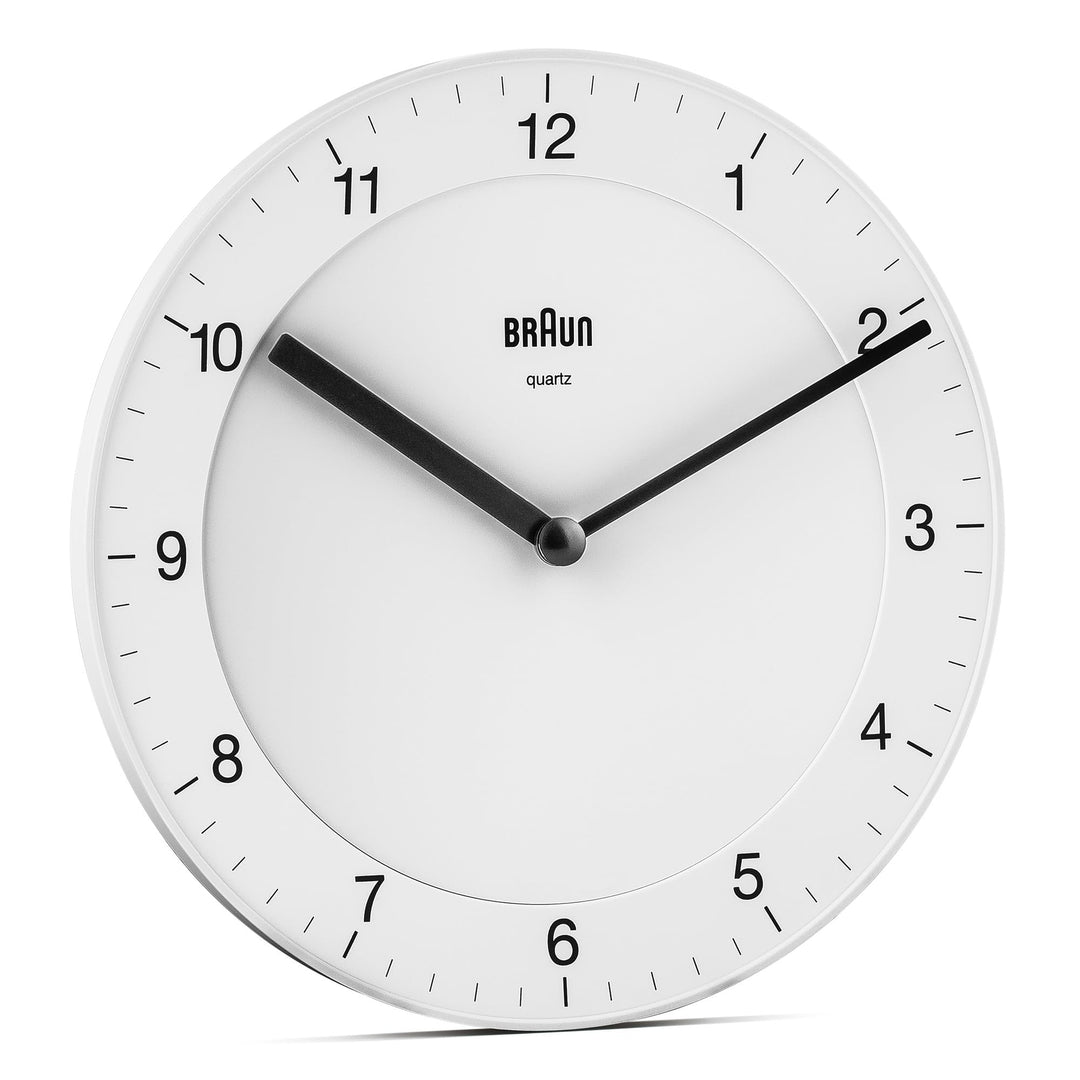 Braun Classic Analogue Wall Clock with Quiet Quartz Movement, Easy to Read, 20cm Diameter in White, Model BC06W.