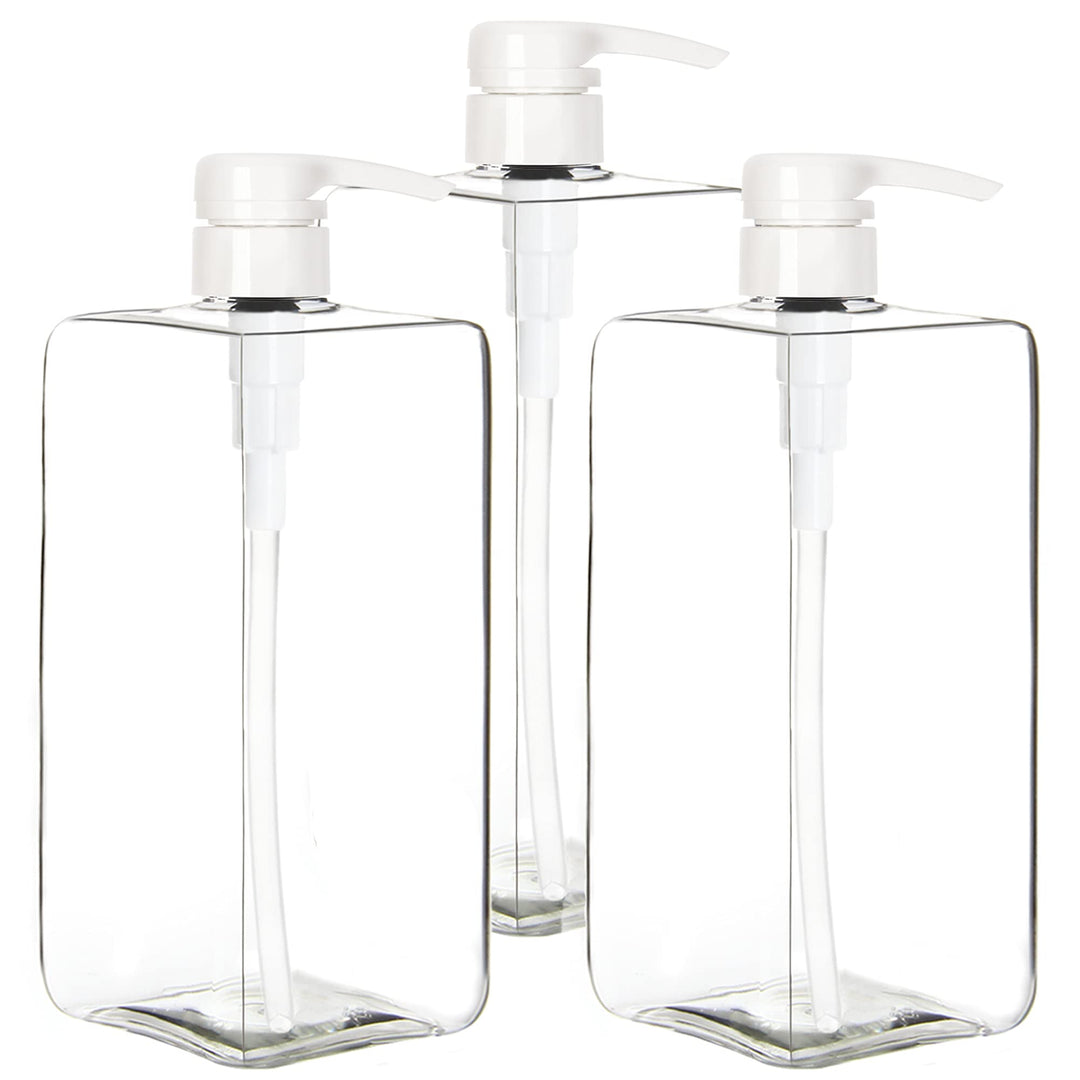 Youngever 3 Pack Pump Bottles for Shampoo 32 Ounce (1 Liter), Square Empty Shampoo Pump Bottles, Plastic Cylinder with Lockdown Leak Proof Pumps