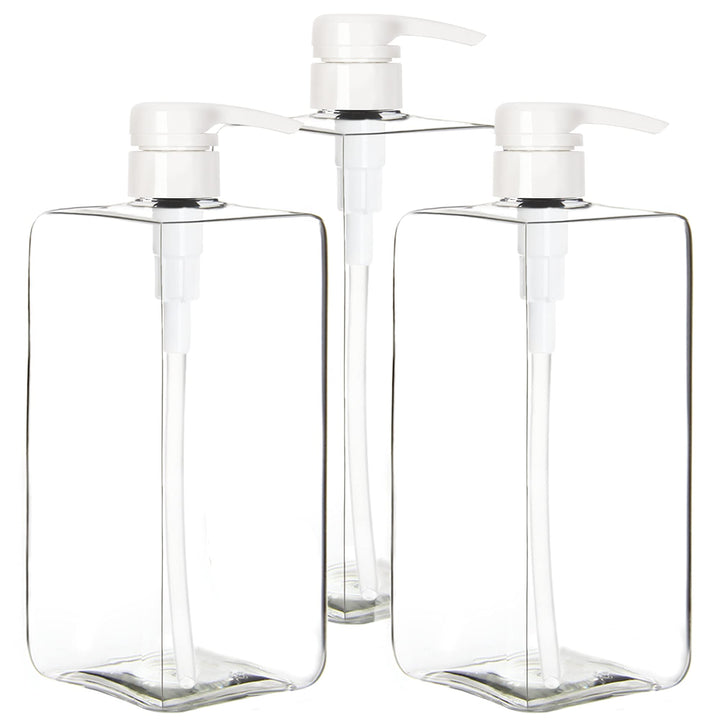 Youngever 3 Pack Pump Bottles for Shampoo 32 Ounce (1 Liter), Square Empty Shampoo Pump Bottles, Plastic Cylinder with Lockdown Leak Proof Pumps