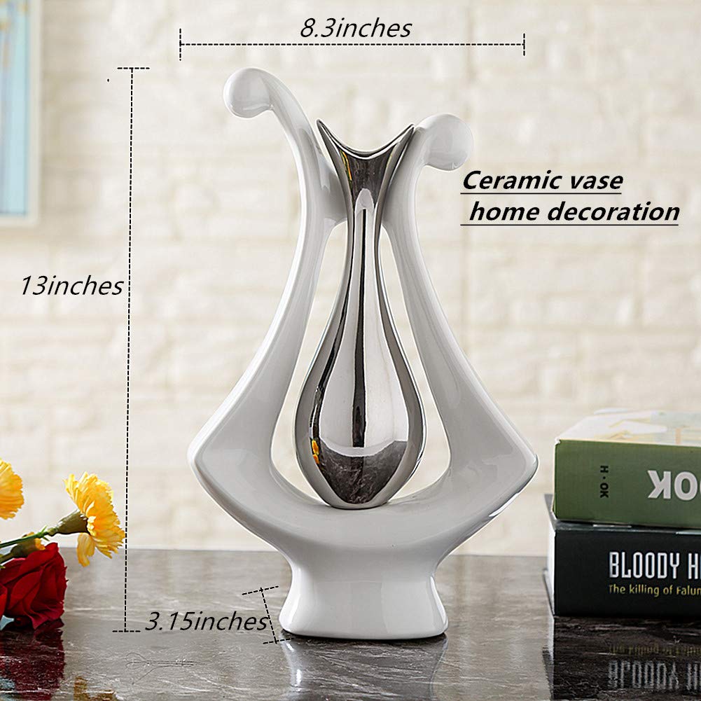 Ceramic Vase Statue Silver Vase White Vase Home Decoration Pottery Decorative Sculpture Dried Flower vase (Silver White vase-99693)