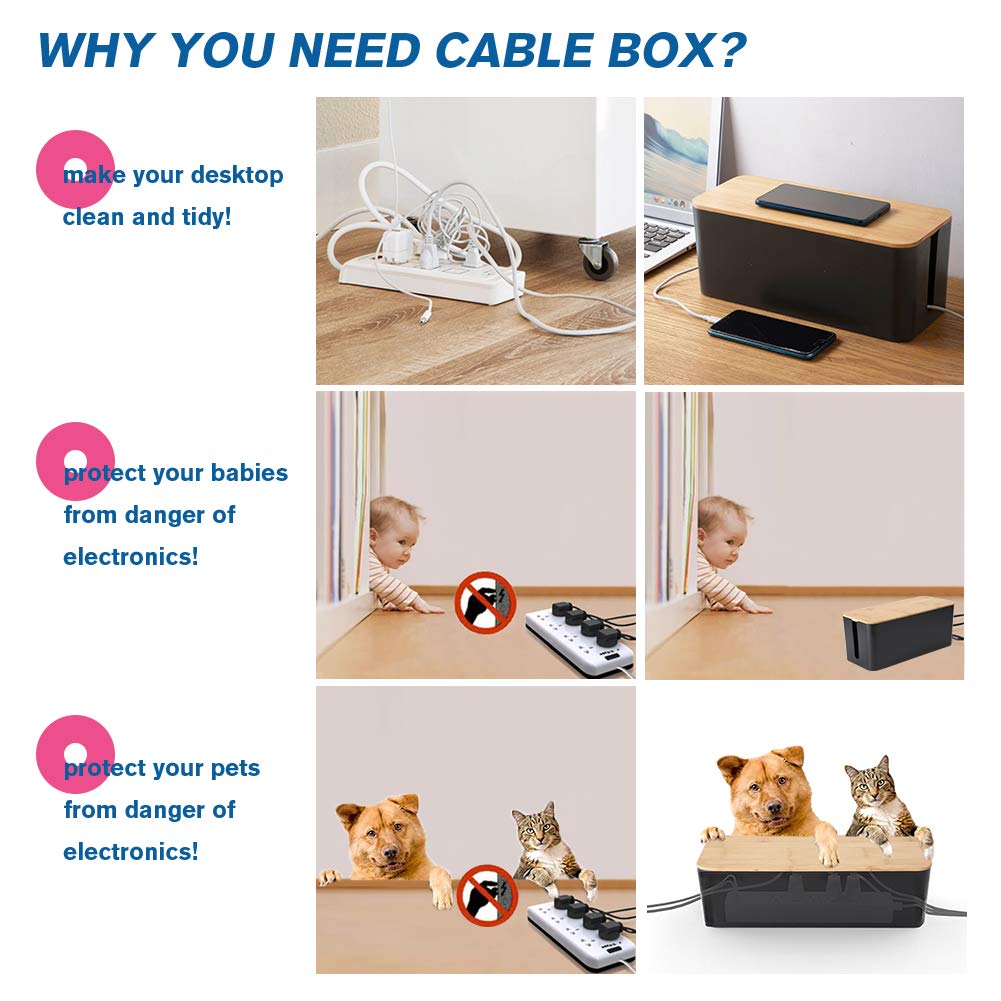 [Set of Three] Cable Management Organizer Box, Large Storage Bamboo Lid Wires Concealer Holder for Home, Office, TV, Computer, Great to Cover Hide Tidy Surge Protector Power Strips &amp; Cord (Black)