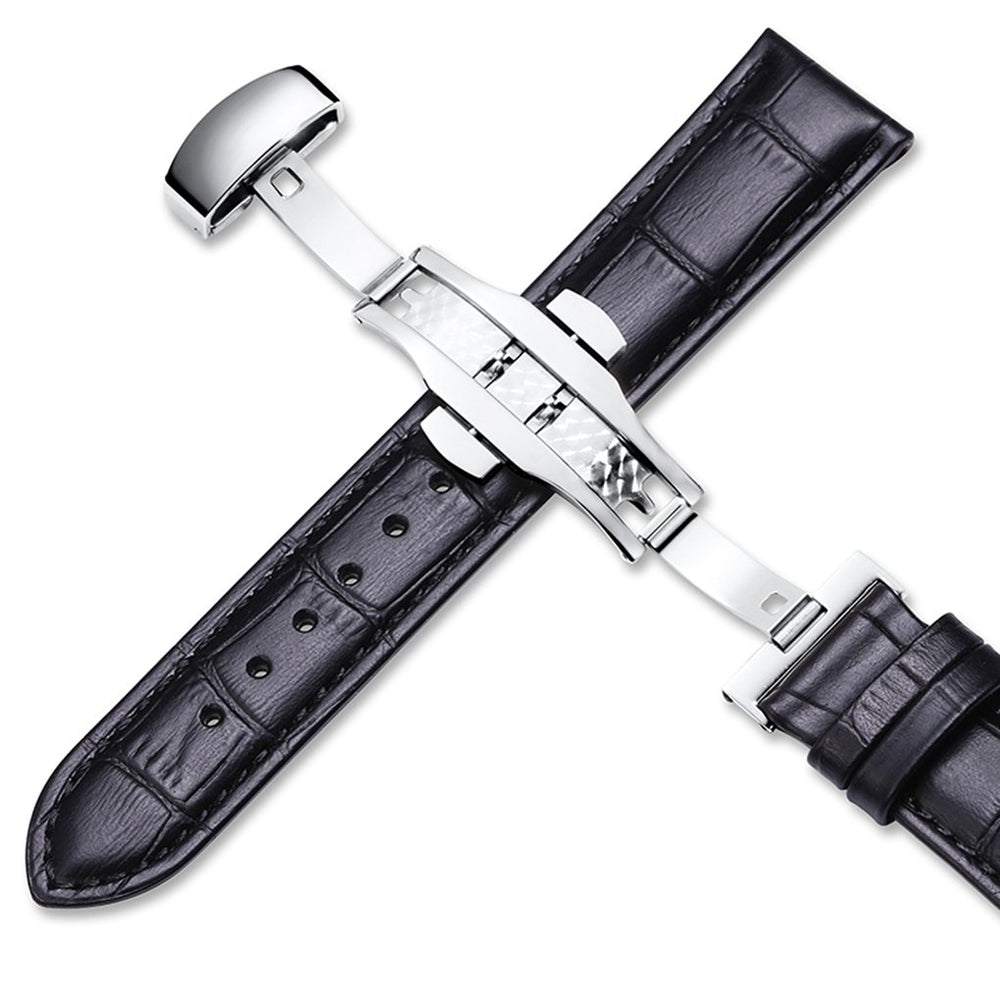 Leather Watch band -Alligator Grain Embossed Pattern Calfskin Replacement Strap-Stainless Steel Deployment Buckle with Push Buttons-Bracelet for Men Women-18mm 19mm 20mm 21mm 22mm 24mm