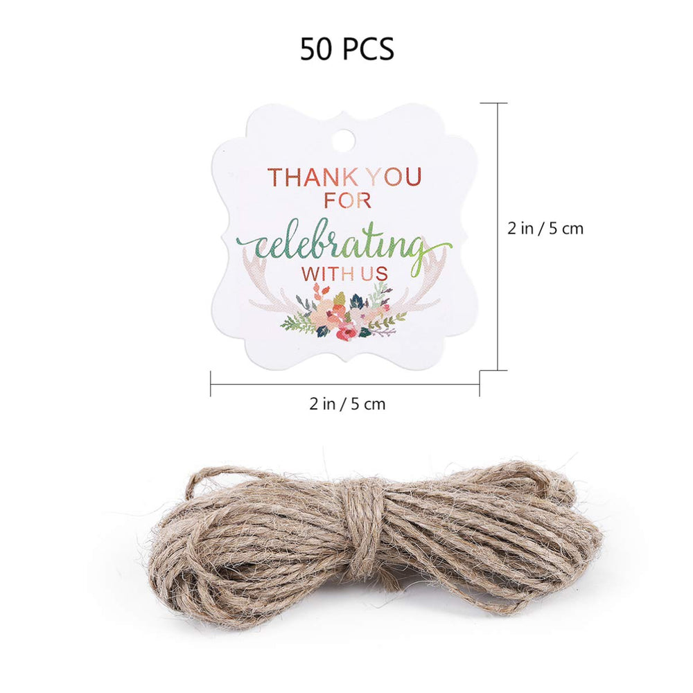 50pcs Wedding Favor Gift Tags Thank You Tags Thank You for Celebrating with Us Pattern with Hemp Rope for Wedding Party Favor (Antler Printing)