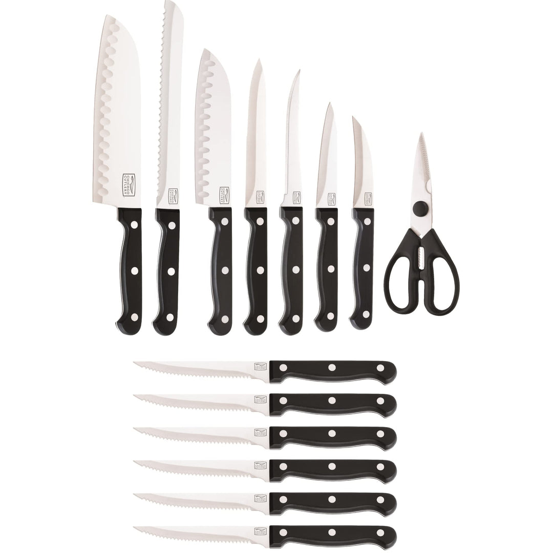 Essentials 15 Piece Stainless Steel Kitchen Knife Set with Shears, Paring, Fruit, Utility, Santoku, Bread, and Steak Knives, Knife Set for the Kitchen with Block